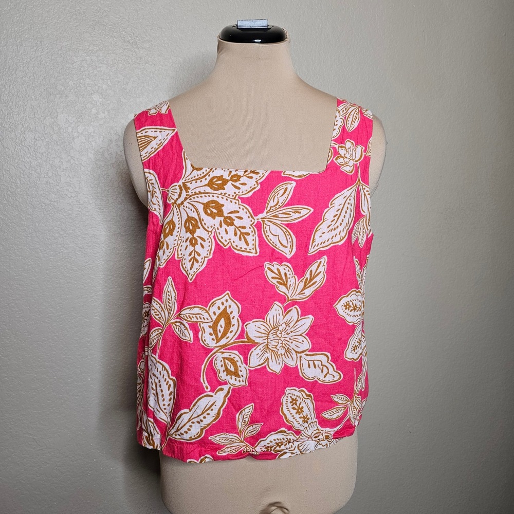 EVERY Pink Floral Linen Blend Smocked Back Tank Top Womens Medium